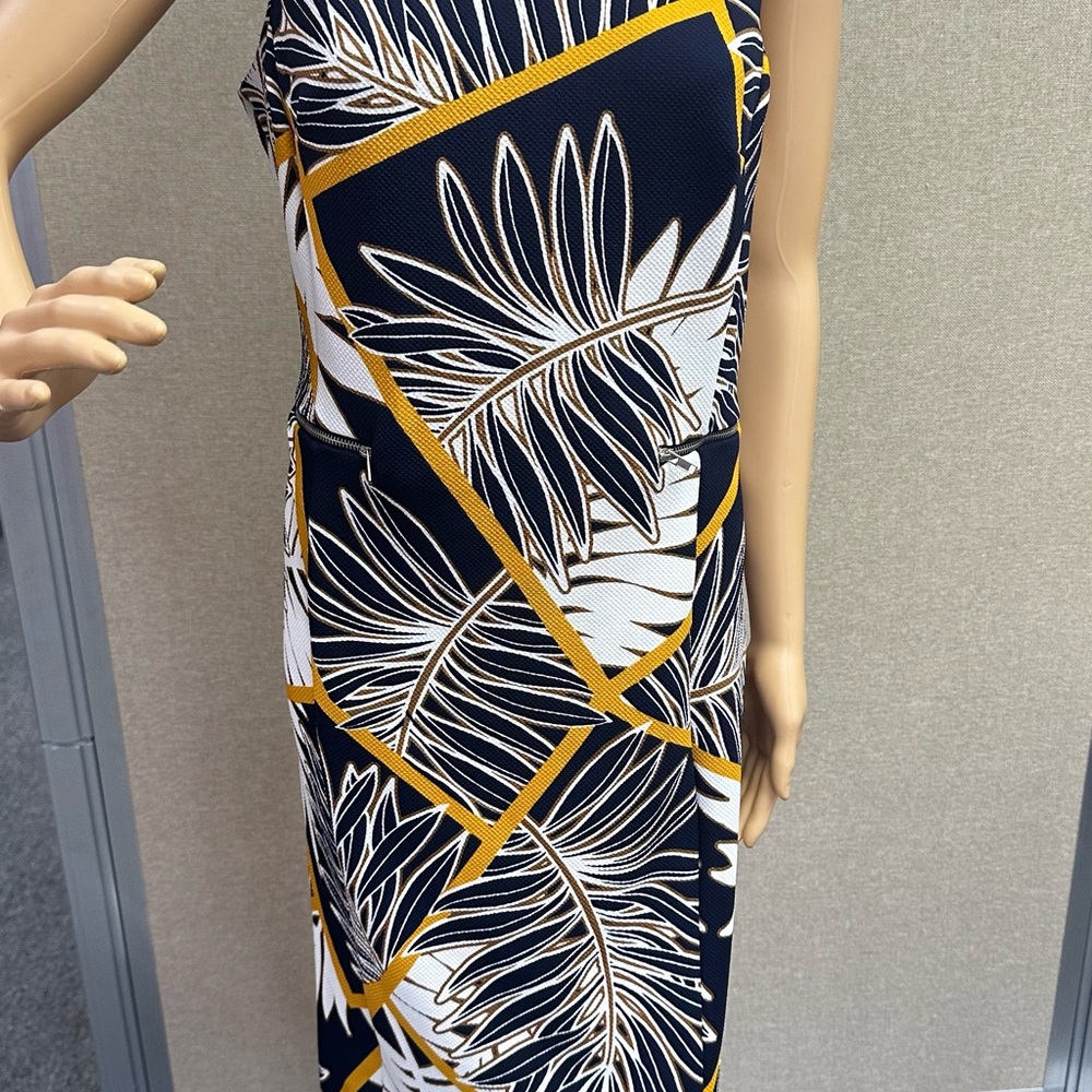 Navy and Yellow Leaf Print Dress